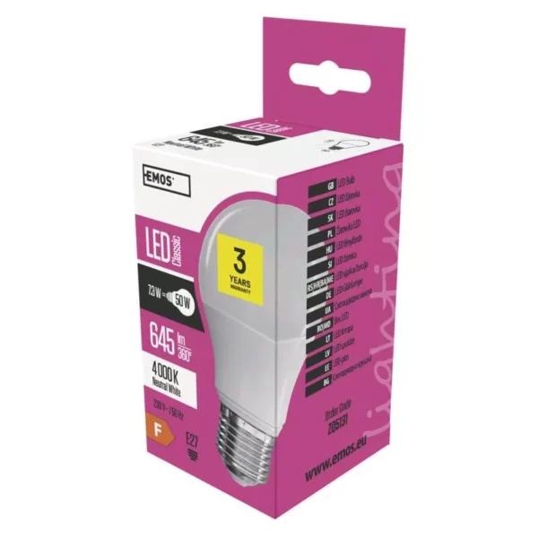 LED pirn 7,3W E27 A60 NW Classic EMOS - Image 3