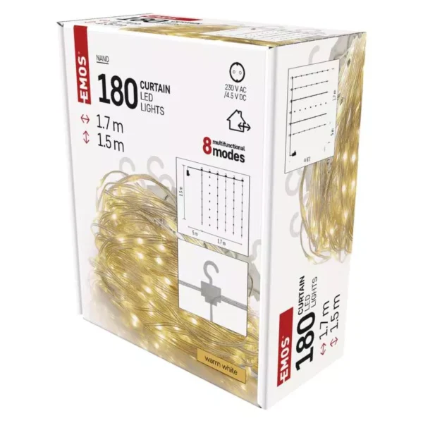 LED 180 valguskardin konsudega 1,5x1,7m, labipaistev kaabel, taimer WW IP44 EMOS - Image 3