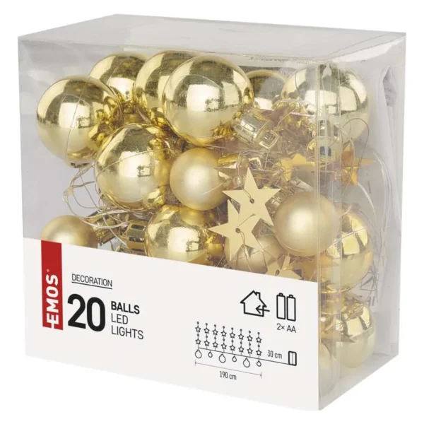 LED 20 valguskett kuldne (tahed+ehted) 1,9m, 2xAA, taimeriga WW IP20 EMOS - Image 3