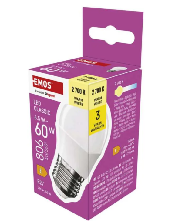 LED pirn 6,5W (60W) E27 miniglobe 806lm WW EMOS
